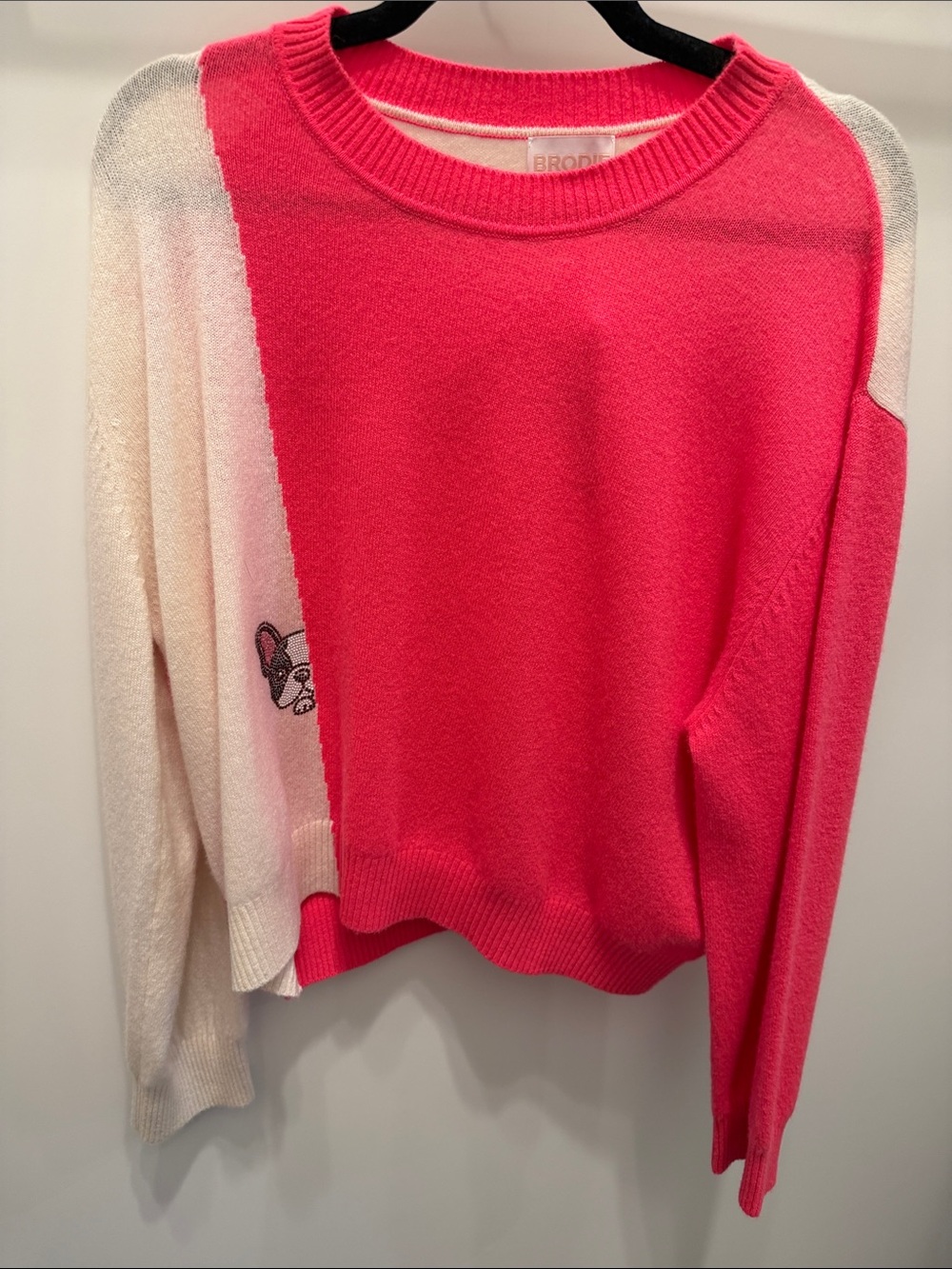 Brodie Cashmere NWT Pink & Cream Color block Sweater with French Bulldog size L